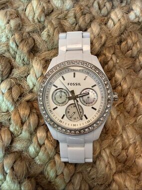 Fossil White Multifunction Watch with Crystal Bezel